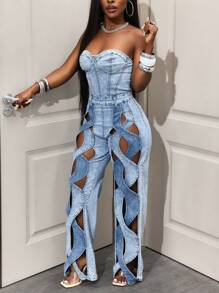 BamGleam 女式镂空螺旋设计无袖连体衣，时尚修身长款夏季连体裤 - 藍色 - 查看 3