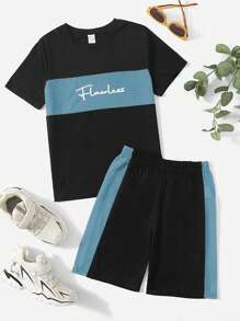 SHEIN Boys Letter Graphic Colourblock Tee & Shorts - Multicolor - View 2