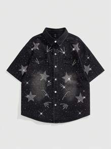 ROMWE MEN Street Life Men's Pentagram Rhinestone Embellished Star Denim Jacket, Fashion For Summer - Black - View 1