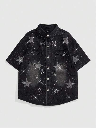 Street Life Men's Pentagram Rhinestone Embellished Star Denim Jacket, Fashion For Summer