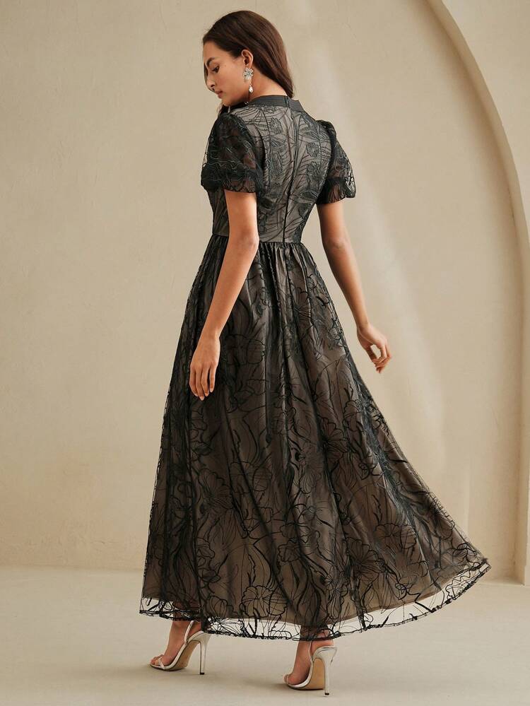 Elegant V-Neck Jacquard Mesh High Slit Maxi Dress