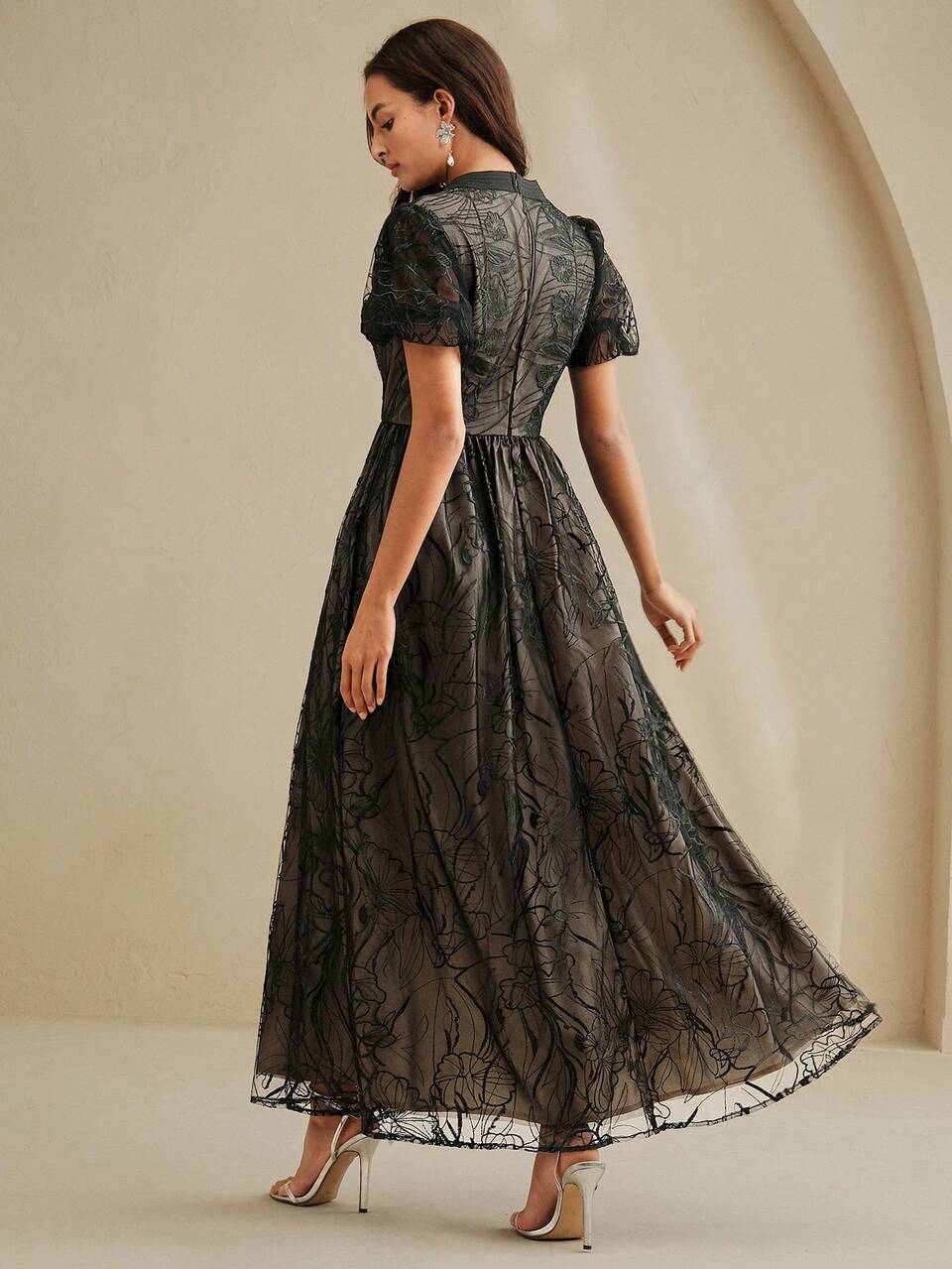 Elegant V-Neck Jacquard Mesh High Slit Maxi Dress