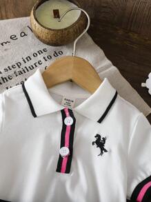 SHEIN Babygirl 可爱学院风夏季拼接短袖 Polo 衫和松紧腰百褶裙套装 - 白色 - 查看 7