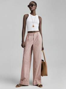 Ontre 2025 新款亚麻混纺休闲裤，复古风格，条纹面料，松紧腰带，真口袋，女式全长裤，卷边裤脚，适合日常穿着，秋季，商务休闲 - 紅色 - 查看 1