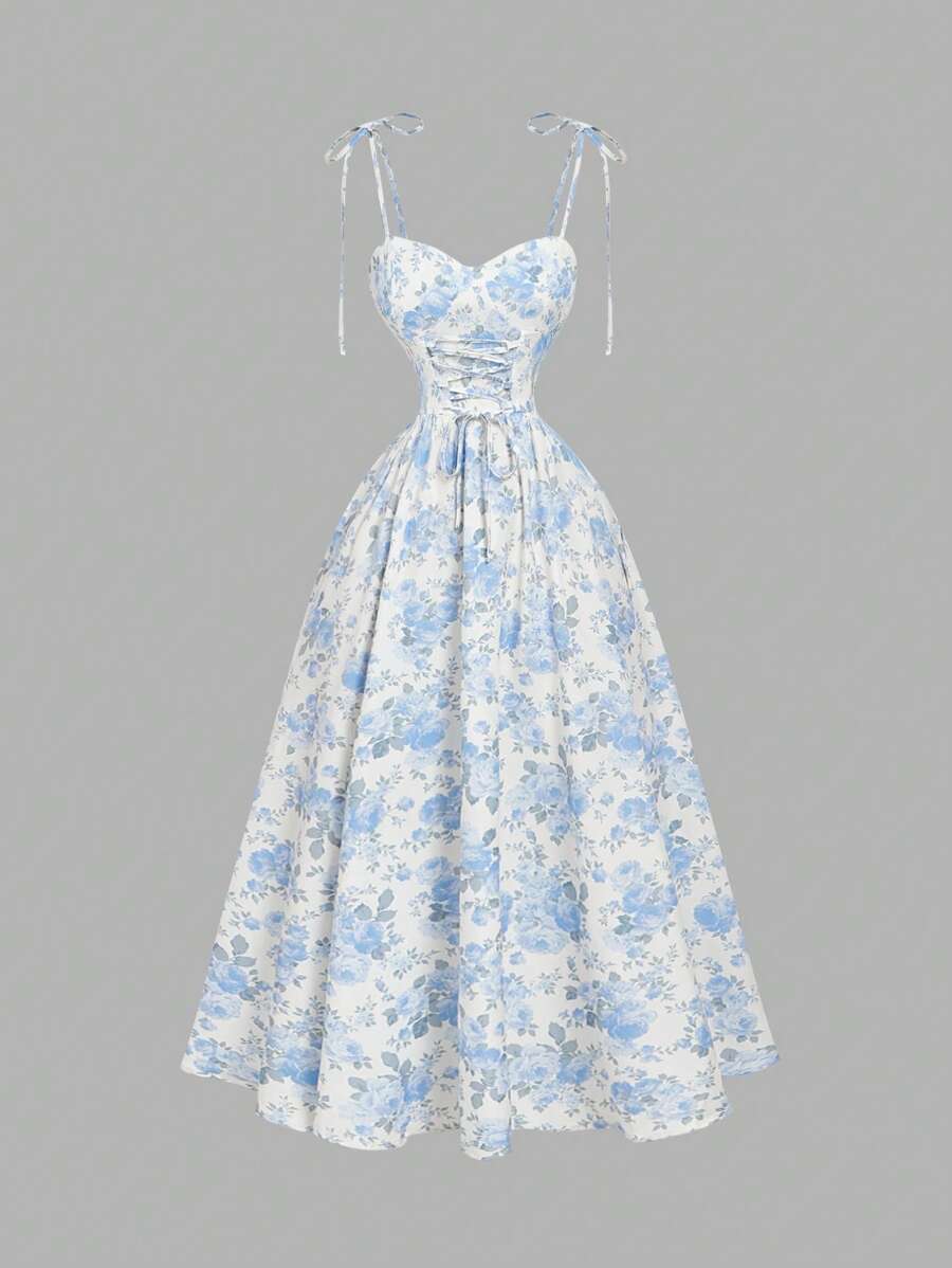SHEIN MOD Vestido de largo medio con estampado floral y nudo delantero, para primavera/verano - Celeste - Ver 1