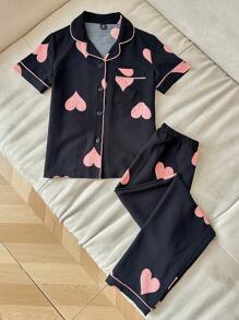 SHEIN 大女孩荷叶边心形印花纽扣睡衣套装 - 黑色 - 查看 3