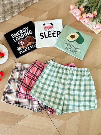 SHEIN 3件套女士卡通印花短袖和短裤睡衣套装