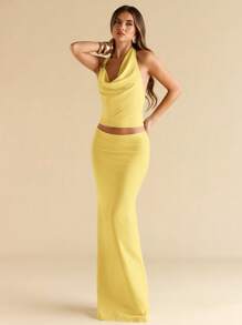 SHEIN BAE 女士金属装饰咖啡棕色鱼尾修身针织露背套装 - 黃色 - 查看 6