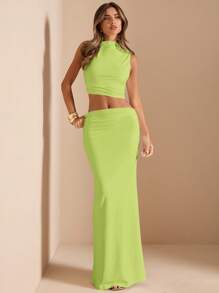 SHEIN BAE 2pcs Set: Spring/Summer White Sleeveless Asymmetric Twist Ruched Drape Neck Cami Top & Low Waist Ruched Pencil Skirt Knit Suit, For White Wedding Guest, Graduation, Vacation