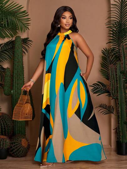 SOLERSUN Plus Size Women's Spring And Summer Loose Casual Printed Sleeveless Back Neck Tie Drawstring A-Line Dress, Summer Dress, Beach Vacation Long Dress (With Side Pockets)