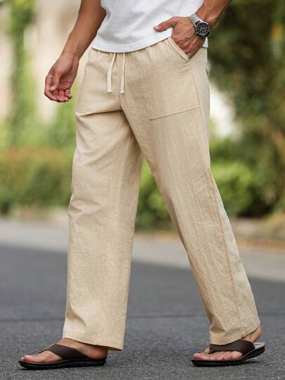 Manfinity Homme Pantalones casuales con diseño de bolsillo elegante para hombres, imprescindible para viajar, regalo adecuado para novio o esposo. Apropiado para el ocio diario, el ocio de vacaciones, las vacaciones en la playa, un gran regalo para el novio o el esposo, estilo bohemio, pantalones de verano de algodón y lino para hombres, pantalones casuales de verano para hombres, otoño