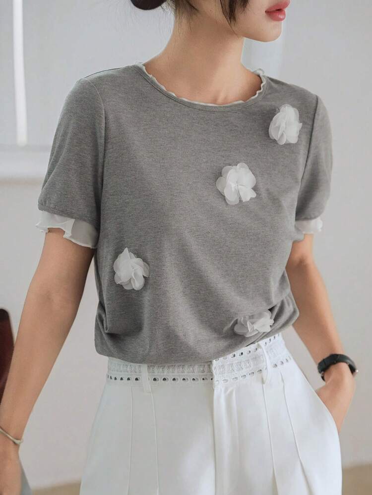 Women's Summer Casual Contrast Color Mesh Patchwork 3D Floral Decor Short Sleeve T-Shirt, Business & Holiday