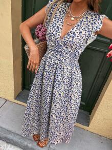 SHEIN Frenchy Women's Casual Ditsy Floral Dress For Vacation Summer Blue Beach