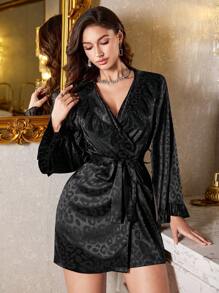 LuxeNights 浪漫蕾丝荷叶边豹纹缎面女士睡袍 - 黑色 - 查看 6