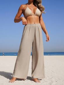 Swim Vcay Women's Solid Color Elastic Waist Loose Cover Up & Pants Set For Vacation For Summer - Khaki - View 3