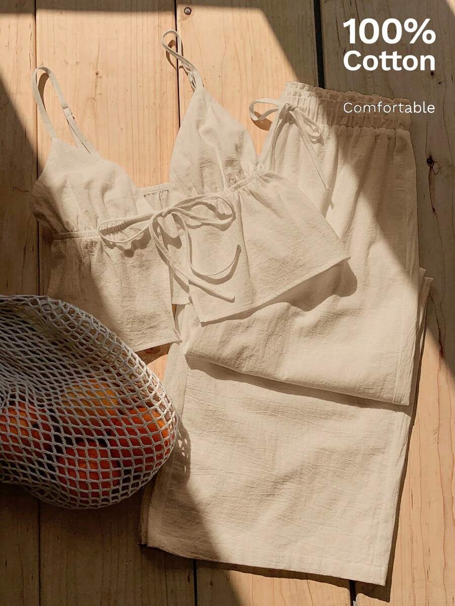 Comfortcana 2件套女士卡其色亚麻背心和长裤夏季套装 - 卡其色 - 查看 1