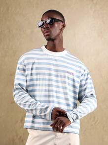 SUMWON Camiseta de manga larga a rayas esencial, ropa de playa casual, skateboard, ropa urbana cómoda y relajada
