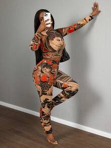 Slaydiva 2025春夏新款波西米亚音乐节复活节休闲日常个性街头时尚派对性感甜美可爱复古红黑色弹力网眼镂空网眼动漫人物波浪日式图案印花圆领修身短款长袖上衣搭配低腰松紧腰修身长裤女两件套 - 紅色 - 查看 5