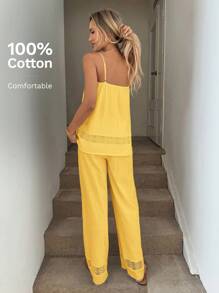 SHEIN LUNE 2 件女式蕾丝拼布有机棉吊带背心上衣和裤子套装，春夏季黄色女式两件套女式夏季两件套女式黄色套装黄色夏季套装舒适两件套