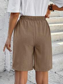 SHEIN LUNE Bermudas de talle medio con bolsillos laterales, corte holgado de unicolor, estilo básico esencial - Caqui - Ver 2