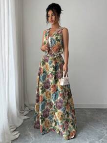 Elenzga 2pcs/Set Women Standard-Sized Shell Trim Open Front Top + Embroidered Multi-Color Skirt - Multicolor - View 5