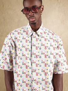 SUMWON Logomania Short Sleeve Button Down Shirt Lightweight Pattern Star Design Casual Festival Streetwear Spring Summer Modern Boxy Fit - Multicolor - View 6