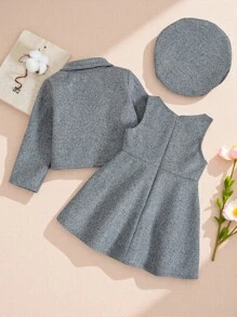 Souflis Souflis 3pcs/Set Baby Girls Autumn/Winter Classic Elegant Wool Blend Short Cardigan, Sleeveless Dress And Beret Hat Outfit, Soft And Comfortable Fabric, Suitable For Outings - Grey - View 2