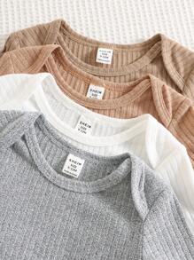 Bộ đồ liền thân dệt kim tay dài màu trơn unisex 4 món cho trẻ sơ sinh, bộ đồ liền thân cơ bản thường ngày, thích hợp cho mùa thu, xuân, đông - Nhiều màu - Xem 4
