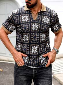 Manfinity Homme 男式拼色领插肩短袖休闲 Polo 衫，夏季 - 棕色 - 查看 1