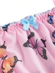 Notgurli 2pcs Playful Sheer Butterfly Print Y2K Ruched Plisse Wireless Bralette & Panty Set, Pink - Pink - View 7