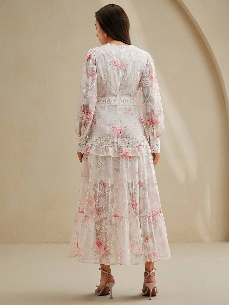 Long White Floral Dress For Women Elegant Woven Maxi Dress With Long Sleeves And V Neck