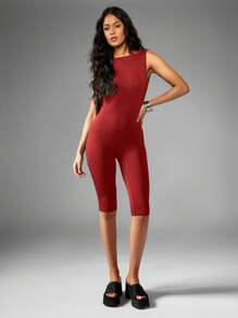 MISSGUIDED Sleeveless Capri Length Unitard Bodycon Jumpsuit Form Fitting Dance Performance Costume Party Festival Apparel - Burgundy - View 5