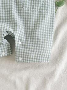 SHEIN 男婴可爱熊刺绣领亨利连体裤，带口袋，适合通勤、休闲、度假、运动、春夏季、男婴服装、婴儿服装、幼儿连体衣