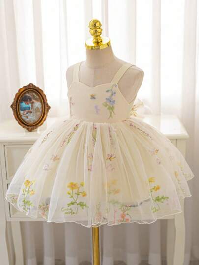 SHEIN Glamorique Kids Baby Girl Princess Dress, Flower Girl, Suspender Mesh Dress, Apricot, Embroidered Mesh Dress, Houfu Big Bow Cute Fluffy Dress, Vacation, Partywear, Valentine's Day, Birthday Dress, New Year's, Birthday Party Dress, Wedding Holiday Dress, Gorgeous Dress Dress, Middle East, Europe And America