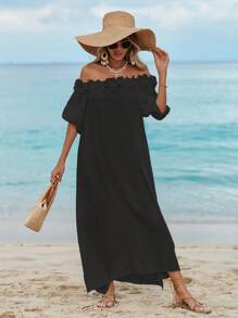 Swim Vcay 女式荷叶边露肩中长沙滩裙，性感沙滩裙，灯笼袖婚礼宾客开衩飘逸连衣裙