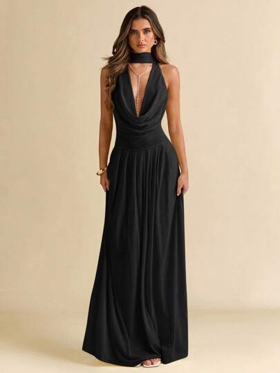 SHEIN BAE Women's Solid Color Sheer Draped Neck Backless Ribbon Hem Maxi Dress, See-Through Sexy Vacation Dress
