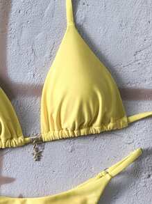 Swim Chiccia Women's Solid Color Halter Metal Pendant Jewelry Set, Sexy Thong Bikini Swimsuit For Summer - Yellow - View 4