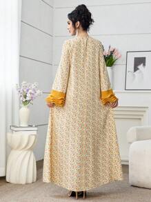 Yasmyna 女士优雅花卉印花泡泡袖褶皱拼接连衣裙，迷人阿拉伯风格，春夏 - 彩色 - 查看 2