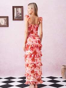 SHEIN Clasi Women's Elegant Chiffon Maxi Dress, European And American Style Ruffled Layered Flowy Floral Print Drawstring Waist Dress - Pink - View 2