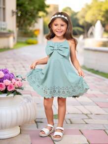SHEIN Vestido sin mangas con decoración de lazo bonito y unicolor para niña joven, ideal para ocasiones informales - verde menta - Ver 1