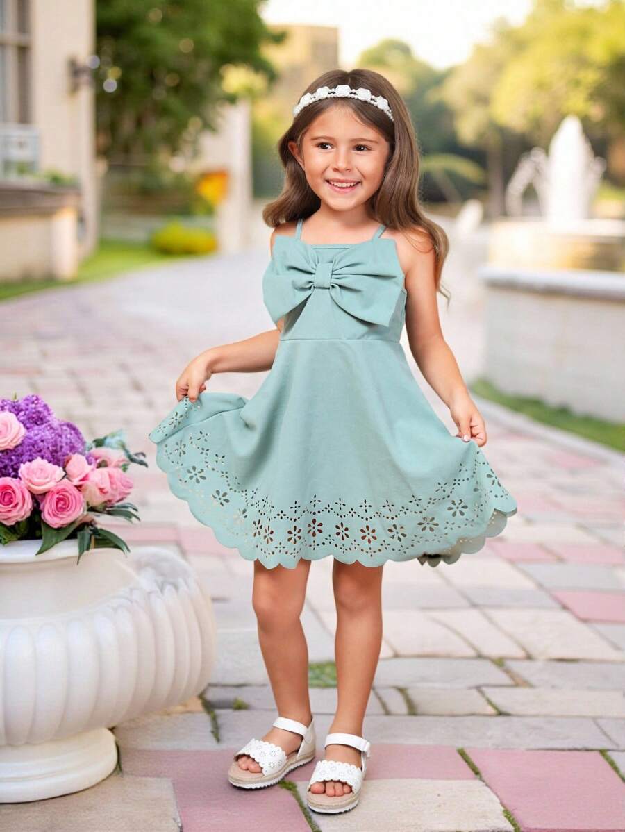 SHEIN Vestido sin mangas con decoración de lazo bonito y unicolor para niña joven, ideal para ocasiones informales - verde menta - Ver 1