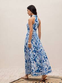 Modelyn Blue & White Porcelain Print Sleeveless Casual Dress With Shirt Collar