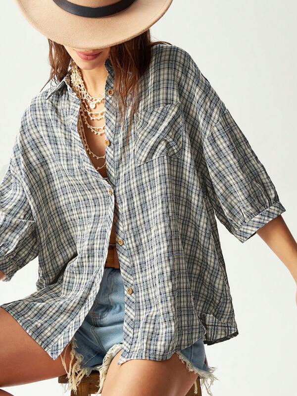 Bohemela Plus Size Women's Plaid Drop Shoulder Long Sleeve Single-Breasted Casual Pocket Shirt,Vintage