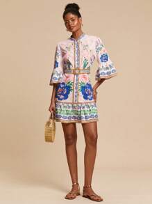 Travachic 女式波西米亚印花喇叭袖短裙，时尚度假装，女士度假装，女士度假装，海滩度假装，女士夏季装，女士夏季连衣裙，女士连衣裙，夏季连衣裙，女士太阳裙，女士优雅连衣裙