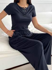 DAZY Bộ đồ ngủ cardigan trơn màu tối giản dành cho nữ - Màu xanh hải quân - Xem 4