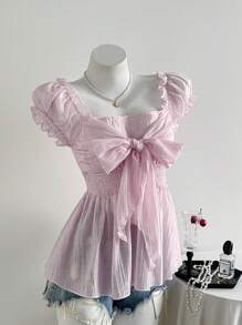 Sweetra 大码女式甜美性感蝴蝶结网纱雪纺短袖上衣，夏季女装，夏季连衣裙，生日女装，夏季女式衬衫 - 淺粉色 - 查看 3