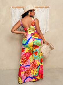 BamGleam 2pcs Women Tropical Print Crop Camisole & Wide Leg Pants Set, Vacation Outfit