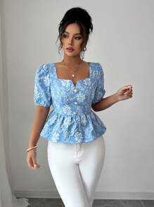 SHEIN Unity Women's Regular Floral Jacquard Puff Sleeve Open Collar Ruffle Hem Pearl Decor Button Down Shirt, Elegant Romantic Casual Work Holiday Versatile, Spring/Summer - Blue - View 3