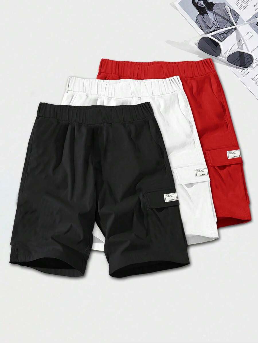 3 Pc Teenboy's Loose Casual Woven Shorts Multi-Color Set,Solid Basic Versatile Sports Workwear Summer Streetwear Suitable For Spring And Summer - Multicolor - View 1