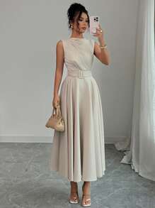 Elenzga Women's Elegant French Style Office/Vacation Cocktail Party Swing A-Line Dress, With Ruffle Collar, Waist Tie Adjustable Belt - Apricot - View 3